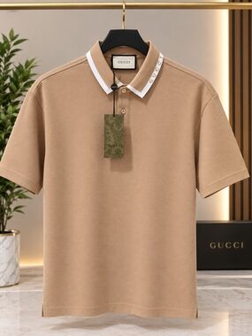 Gucci Beige Polo with White-Trim Logo Collar